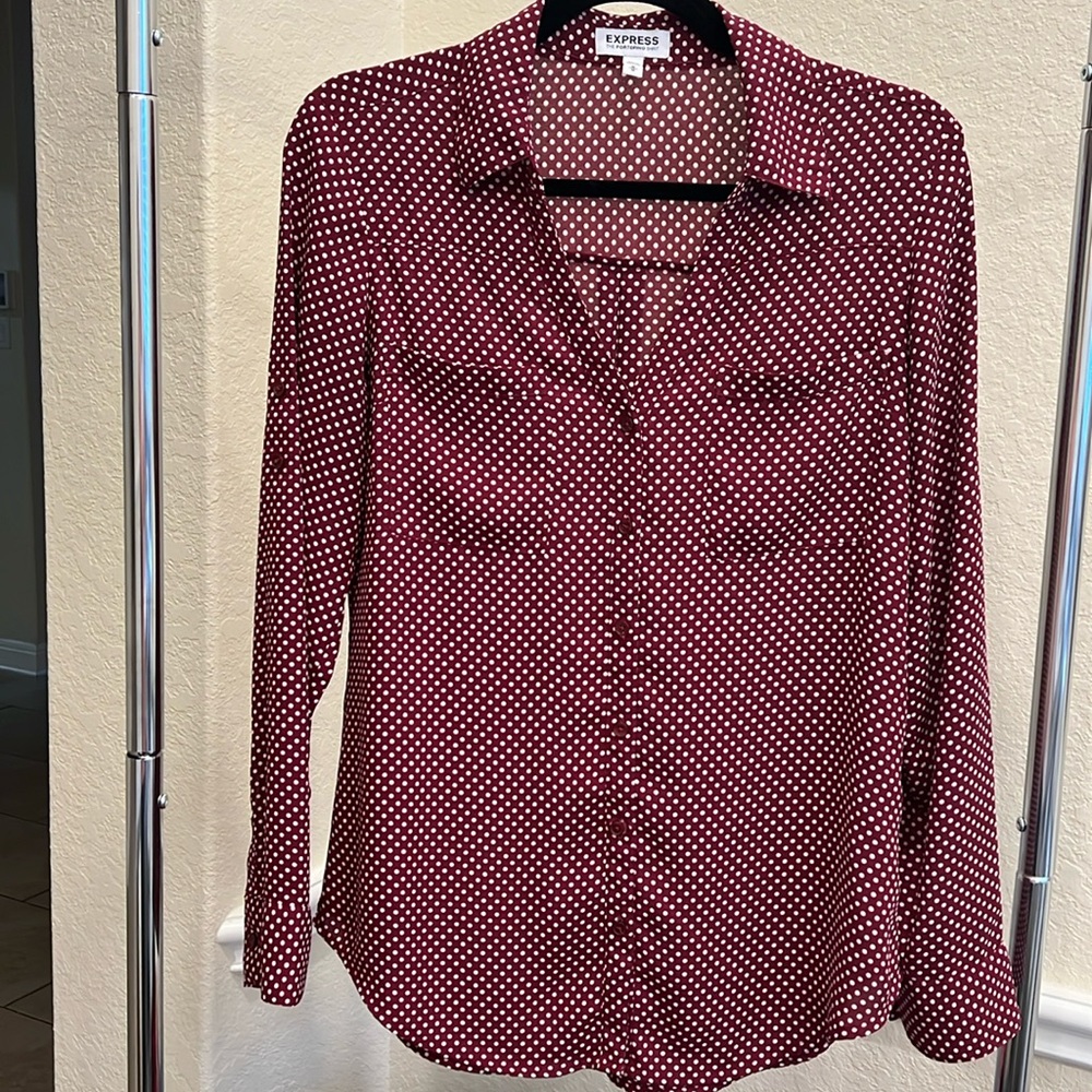 EUC Express Aggie Polkadot Maroon & White Blouse